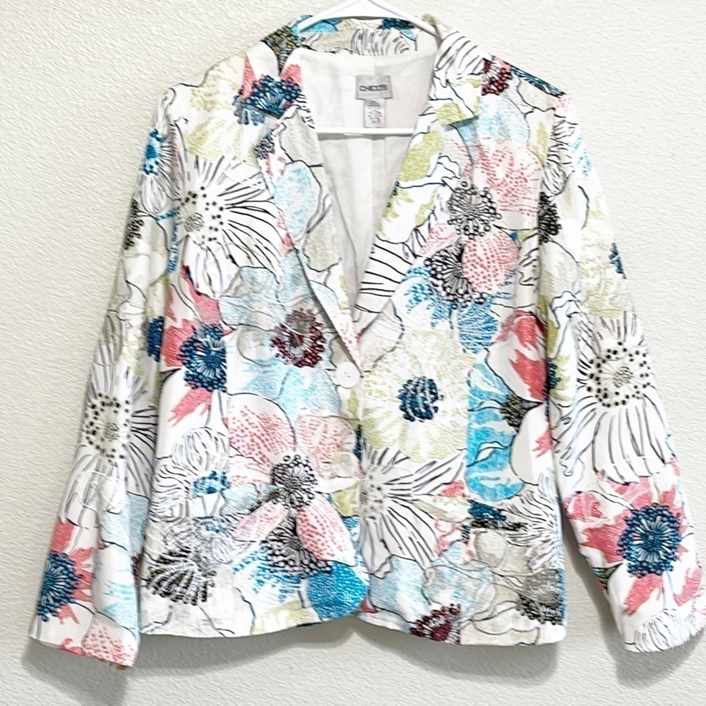 VINTAGE Chico's 100 SILK Floral Embroidery Woman Blazer Size 1-M